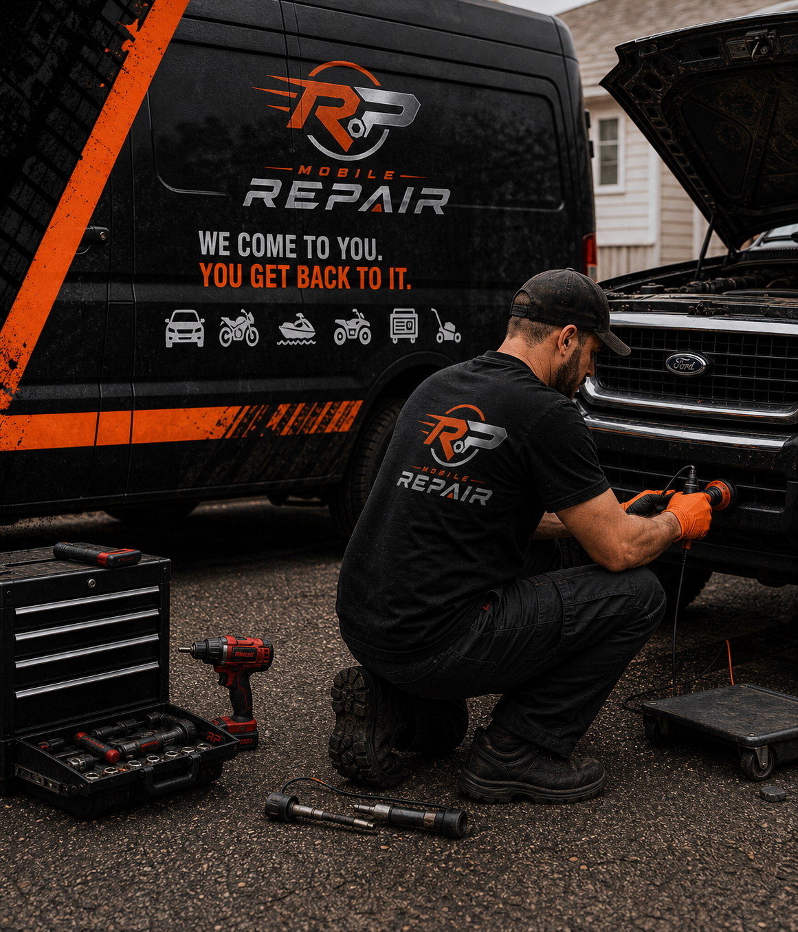 RP Mobile Repair mechanic working on a truck beside the service van